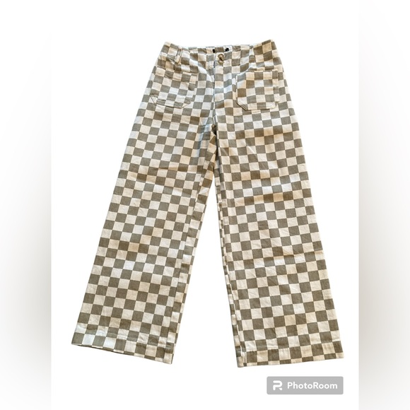 Checkered Cream & Tan Wide Leg Jeans. Size Large (Youth). - Picture 2 of 7